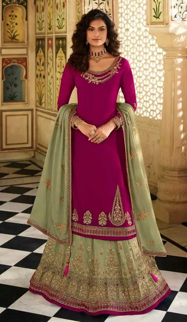 Barbie Pink Color Georgette Designer Party Wear Lehenga Style Suit -2701141333
