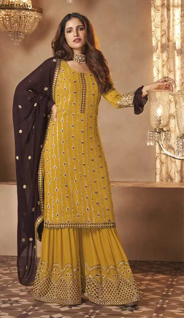 Mustard Color Fox Georgette Designer Party Wear Pakistani Sharara Suit -2704141344