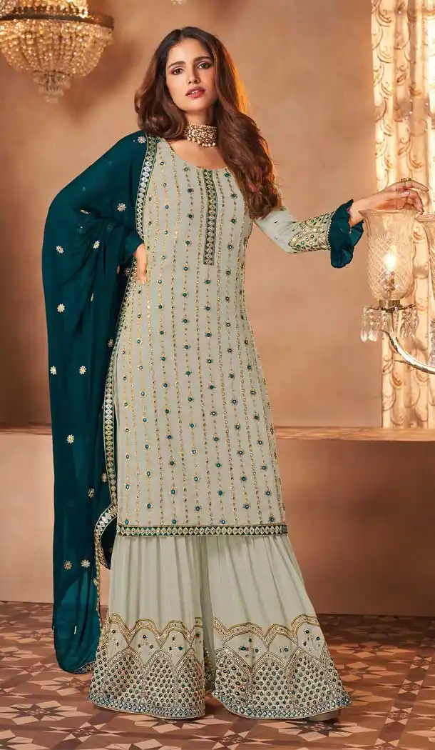Grey Color Fox Georgette Designer Party Wear Pakistani Sharara Suit -2704141345