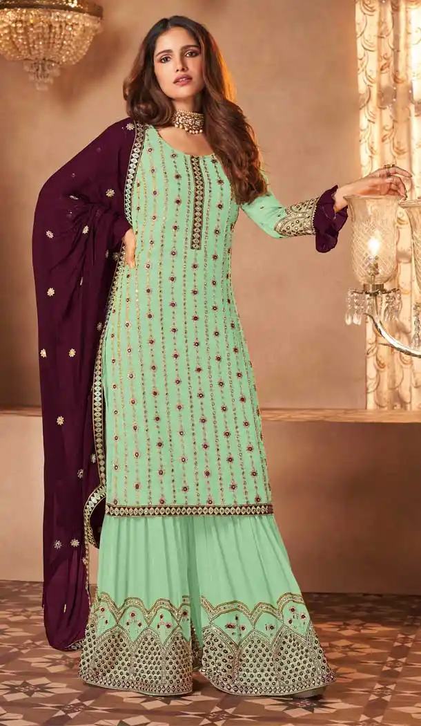 Turquoise Color Fox Georgette Designer Party Wear Pakistani Sharara Suit -2704141346