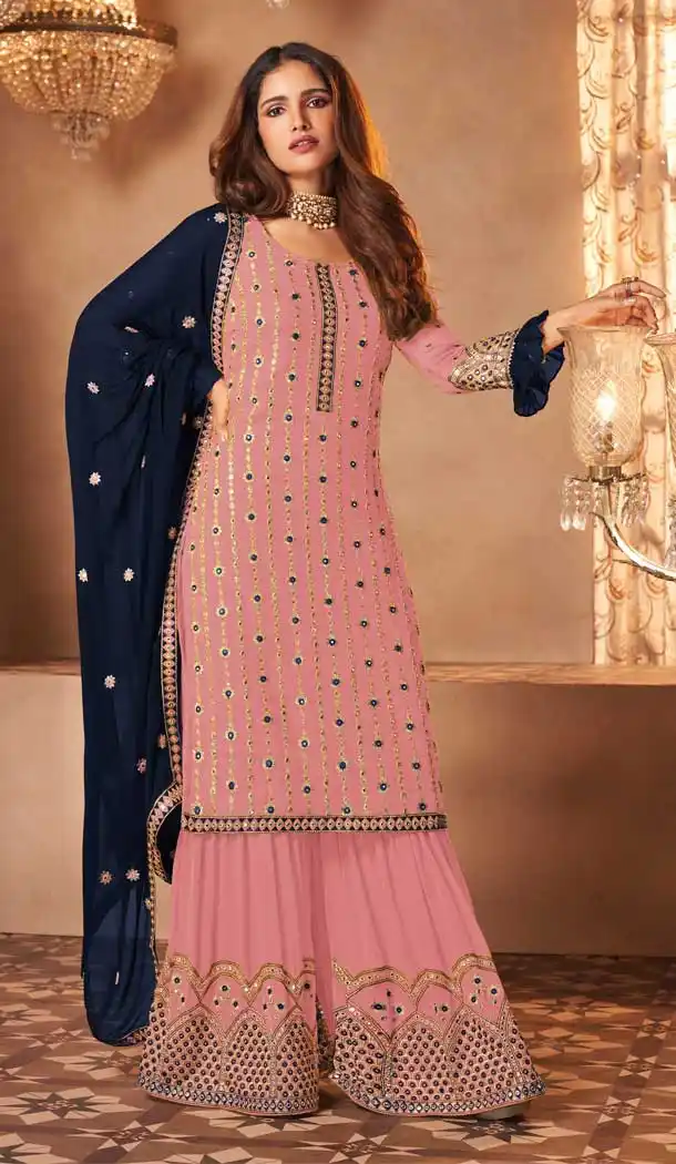Flamingo Pink Color Fox Georgette Designer Party Wear Pakistani Sharara Suit -2704141347