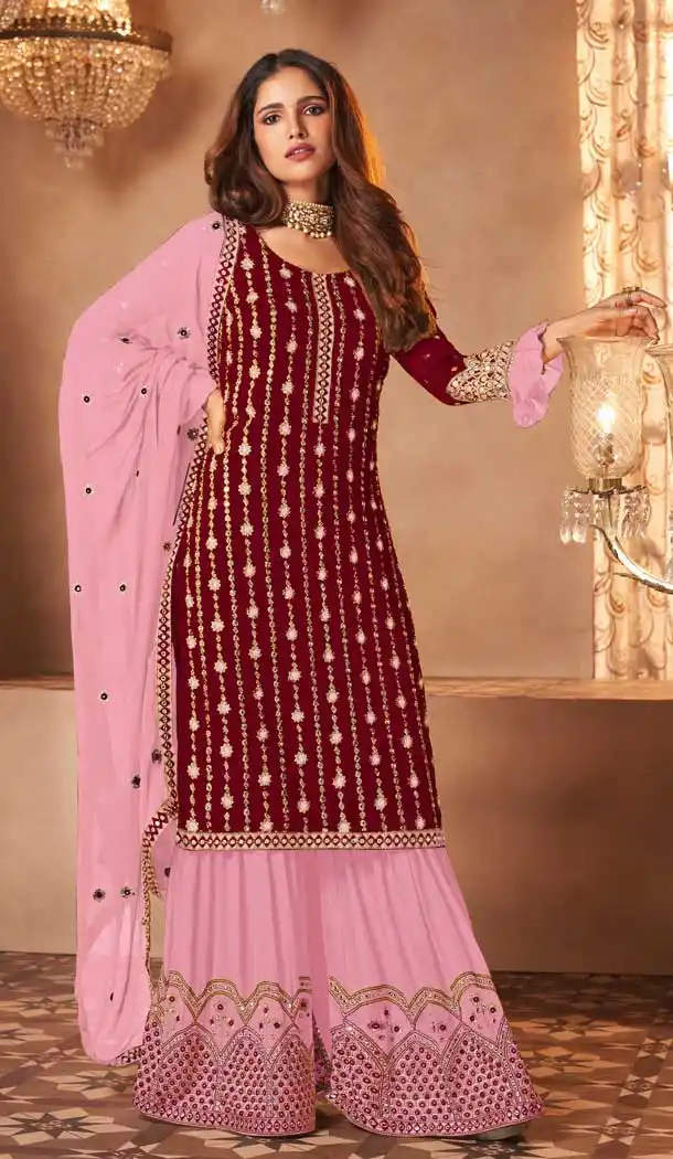 Maroon Color Fox Georgette Designer Party Wear Pakistani Sharara Suit -2704141348