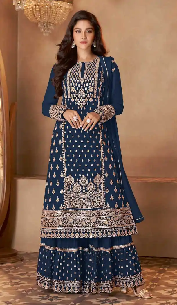 Navy Blue Color Real Georgette Designer Party Wear Palazzo Suit - 2627140800