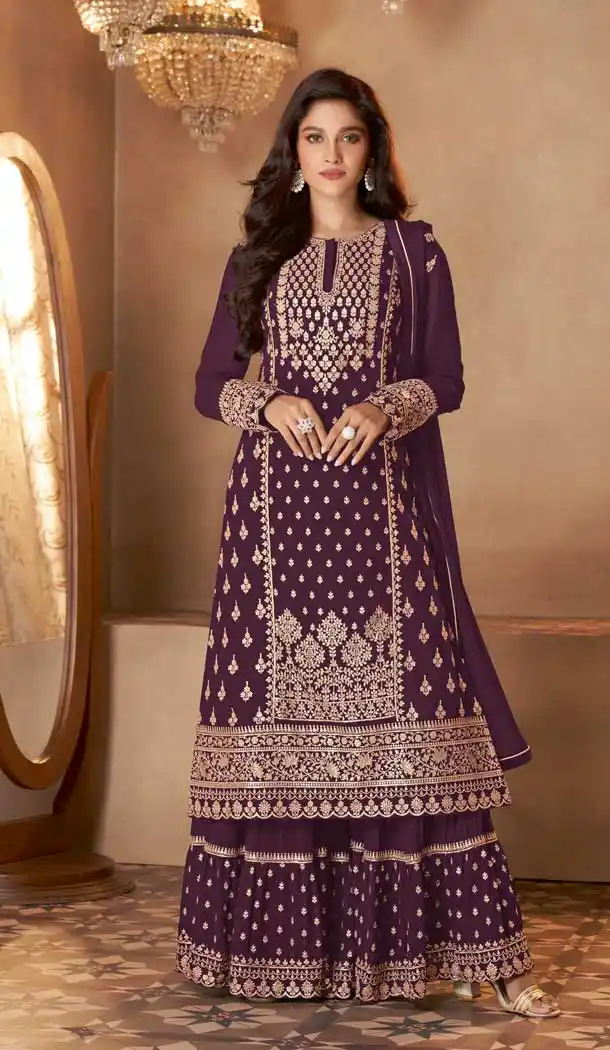 Wine Color Real Georgette Designer Party Wear Palazzo Suit - 2627140802