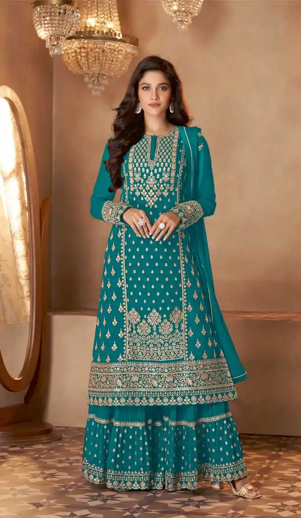 Sky Blue Color Real Georgette Designer Party Wear Palazzo Suit - 2627140804