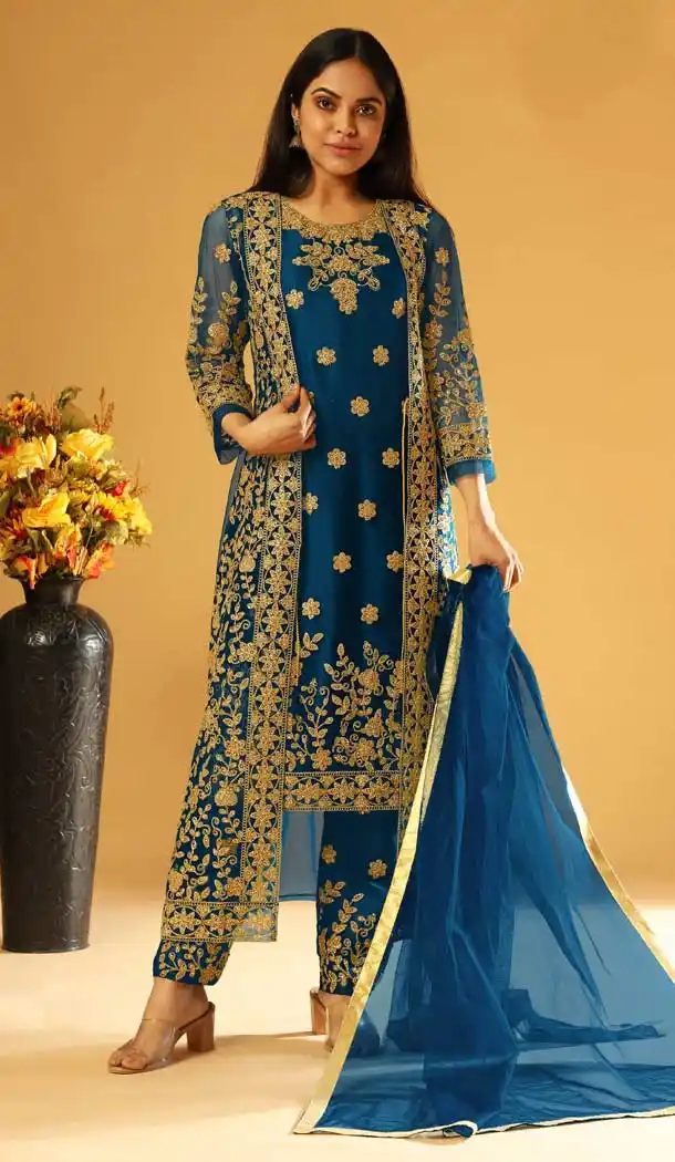 Blue Color Heavy Butterfly Net Designer Party Wear Plus Size Salwar Suit - 2627140807