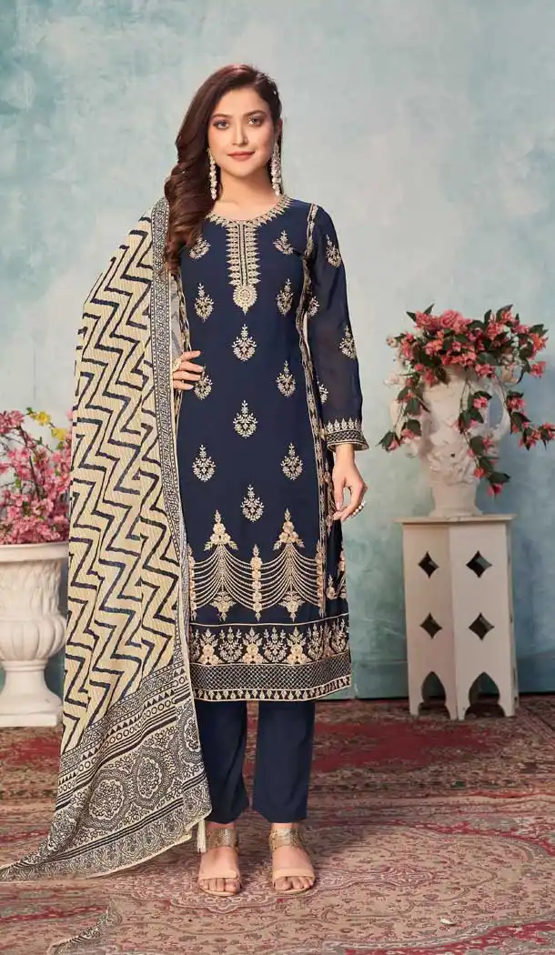 Navy Blue Color Fox Georgette Casual Evening Wear Salwar Suit - 2627140811