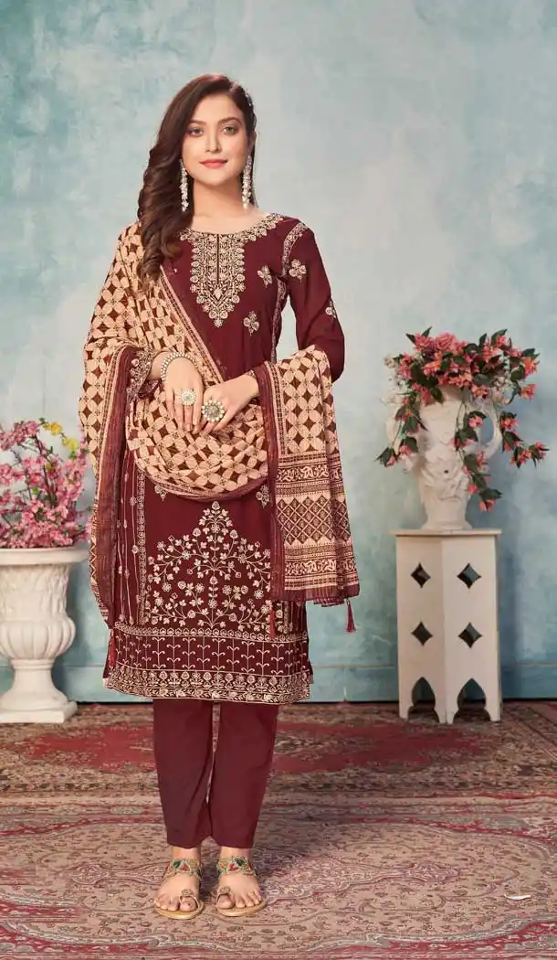 Maroon Color Fox Georgette Casual Evening Wear Salwar Suit - 2627140812