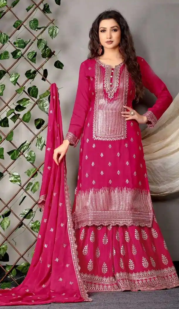Hot Pink Color Heavy Chinnon Designer Party Wear Palazzo Suit - 2632140820
