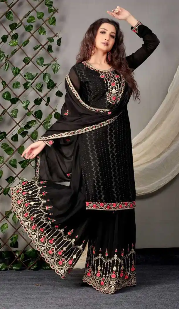 Black Color Heavy Chinnon Designer Party Wear Palazzo Suit - 2632140821