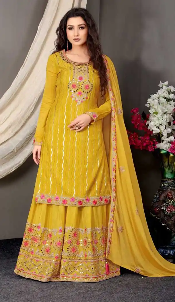 Yellow Color Heavy Chinnon Designer Party Wear Palazzo Suit - 2632140822