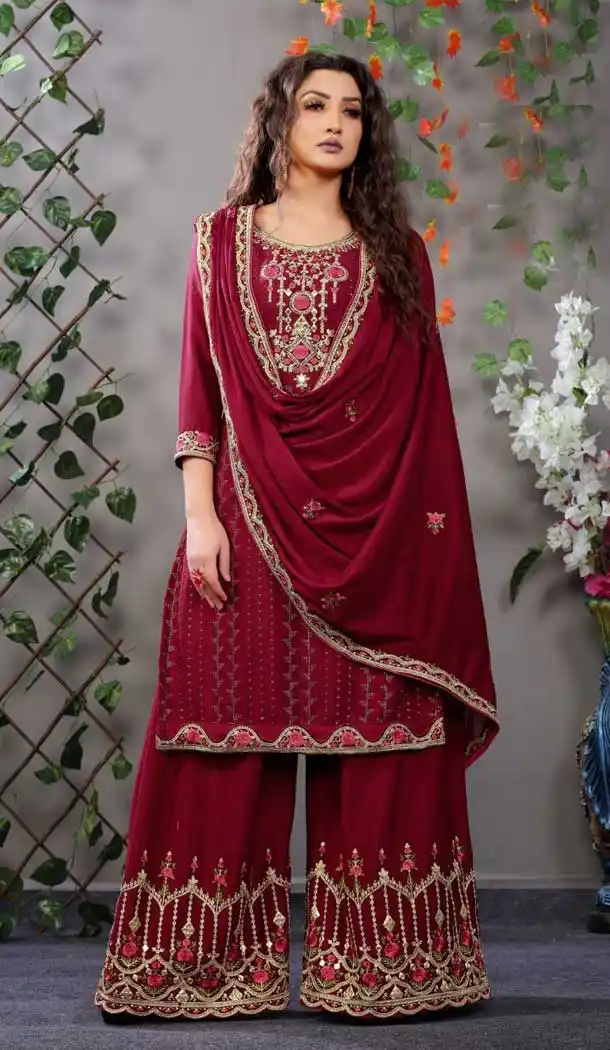 Maroon Color Heavy Chinnon Designer Party Wear Palazzo Suit - 2632140823