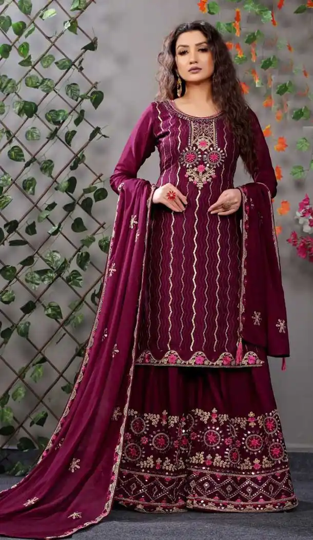 Violet Color Heavy Chinnon Designer Party Wear Palazzo Suit - 2632140824