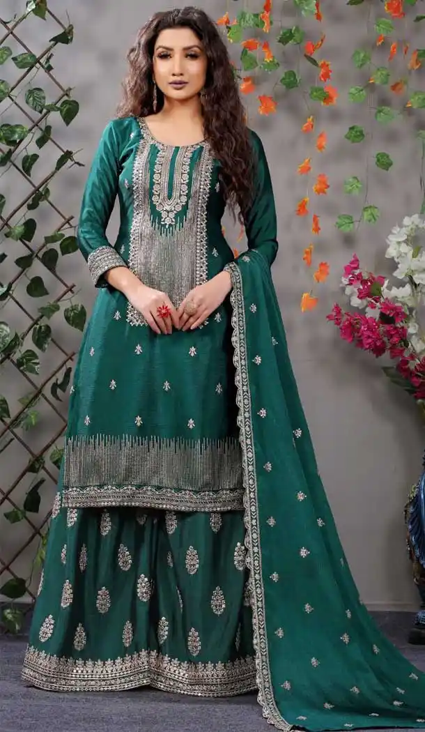 Sea Green Color Heavy Chinnon Designer Party Wear Palazzo Suit - 2632140825