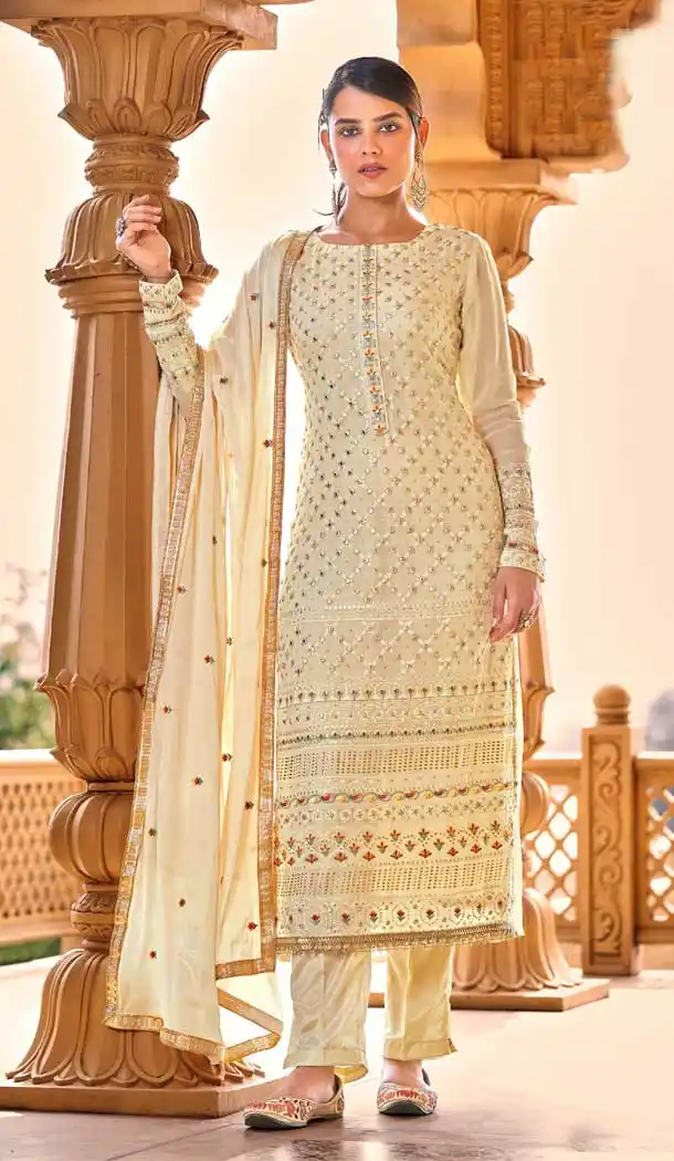 Cream Color Pure Viscos Bemberg Georgette Designer Evening Wear Suit - 2632140827