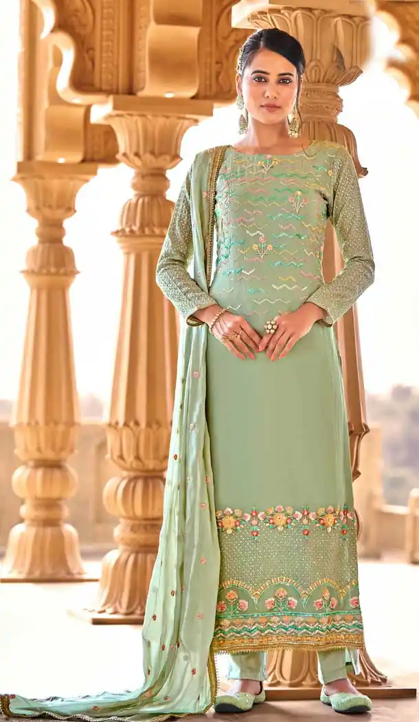 Sage Green Color Pure Viscos Bemberg Georgette Designer Evening Wear Suit - 2632140828
