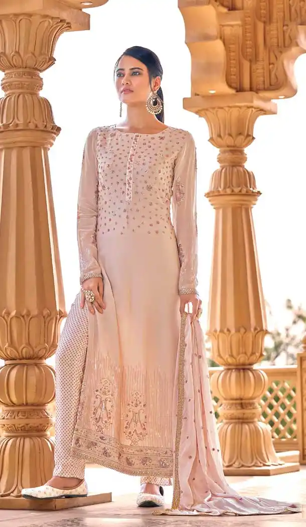 Baby Pink Color Pure Viscos Bemberg Georgette Designer Evening Wear Suit - 2632140829