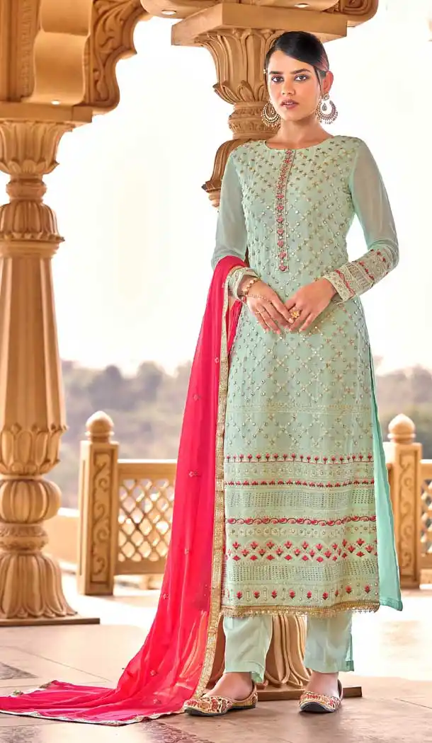 Sky Blue Color Pure Viscos Bemberg Georgette Designer Evening Wear Suit - 2632140830