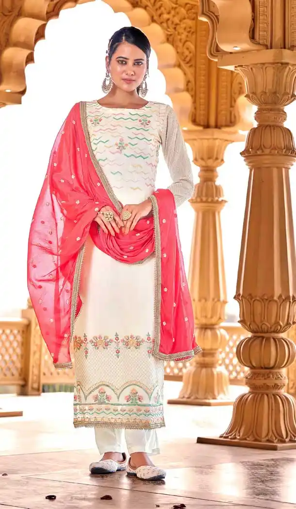 Off White Color Pure Viscos Bemberg Georgette Designer Evening Wear Suit - 2632140831