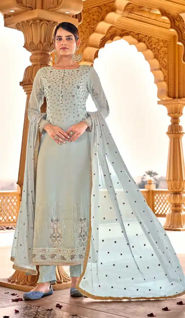 Arctic Blue Color Pure Viscos Bemberg Georgette Designer Evening Wear Suit - 2632140832