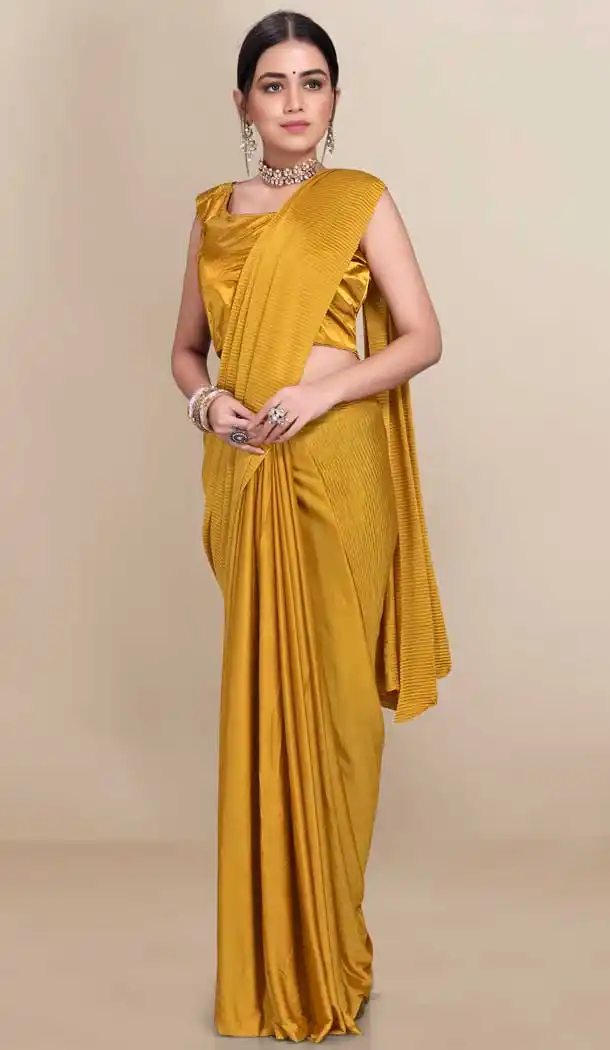 Pale Yellow Color Soft Knitted Lycra With Pleated Pallu Casual Office Wear Saree - 2646140977