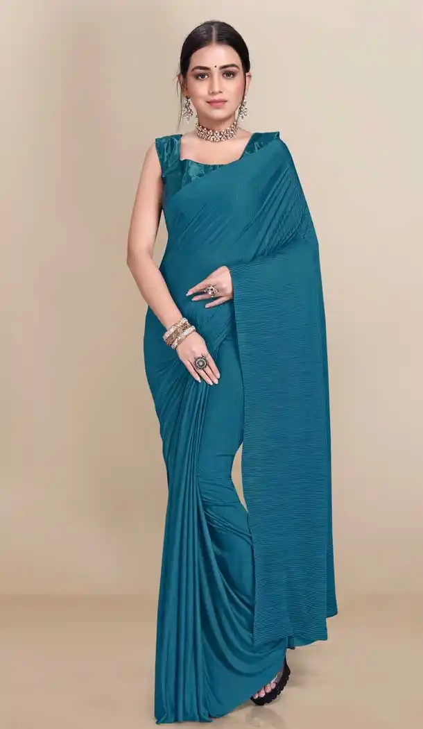 Teal Blue Color Soft Knitted Lycra With Pleated Pallu Casual Office Wear Saree - 2646140978