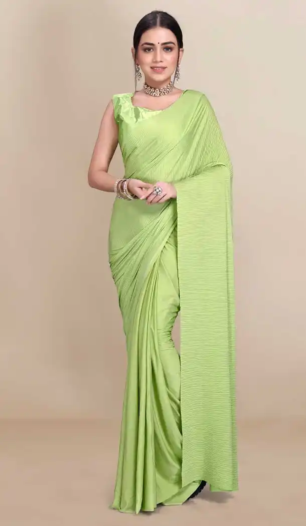 Light Green Color Soft Knitted Lycra With Pleated Pallu Casual Office Wear Saree - 2646140979