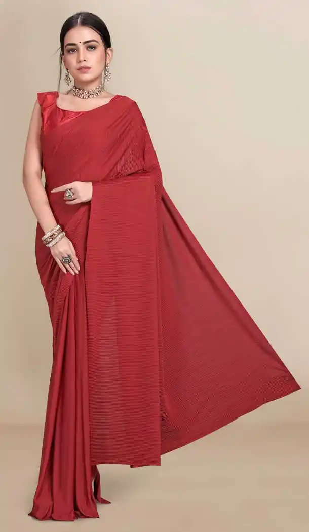 Red Color Soft Knitted Lycra With Pleated Pallu Casual Office Wear Saree - 2646140980