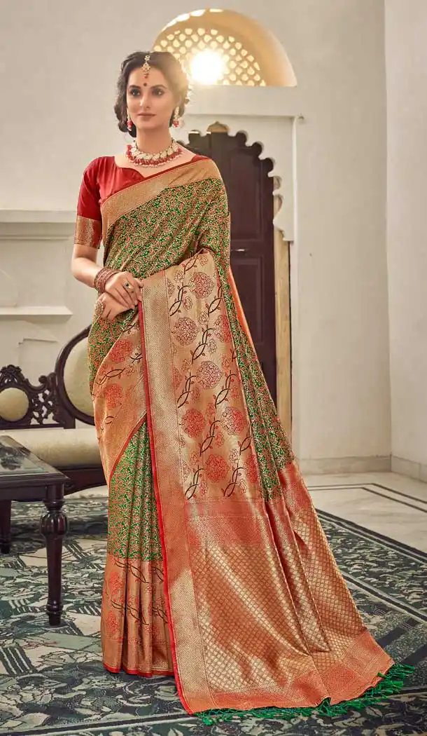 Green Orange Color Banarasi Two Tone Silk Designer Party Wear Saree - 2717141428
