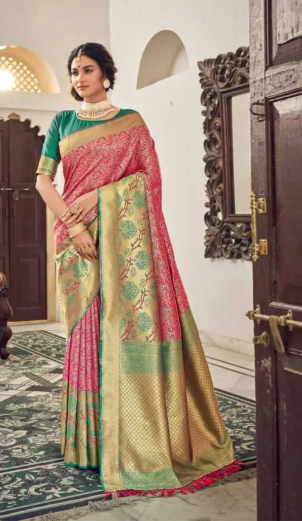 Pink Sea Green Color Banarasi Two Tone Silk Designer Party Wear Saree - 2717141429
