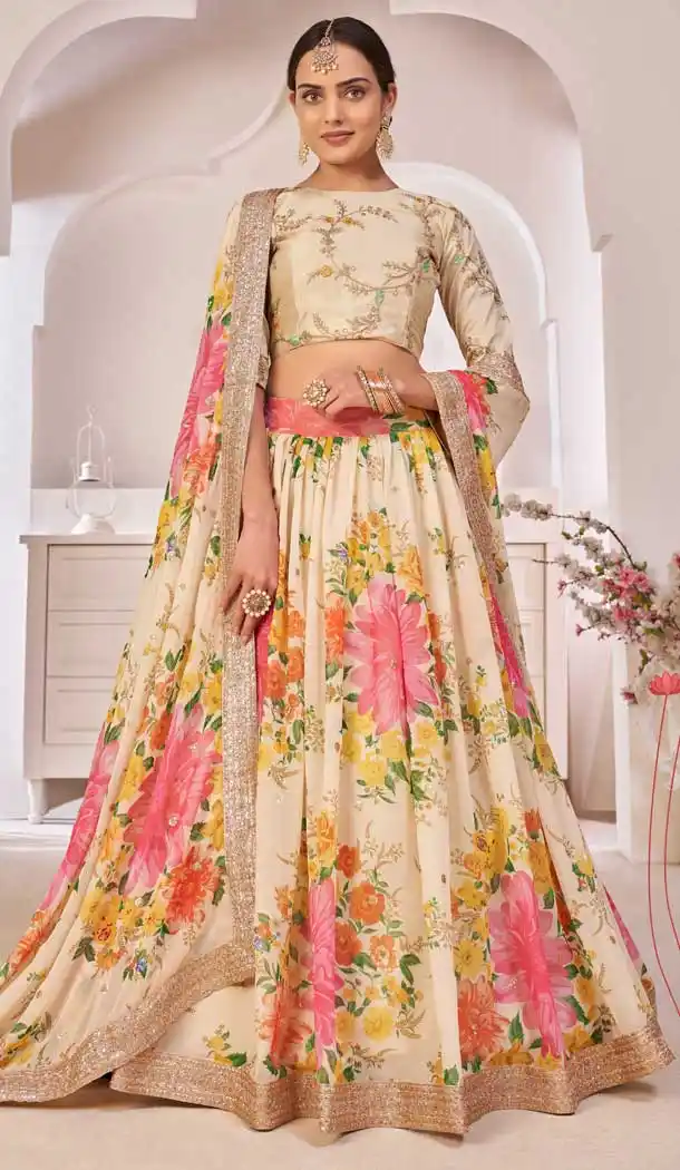 Creme Color Georgette Designer Party Wear Plus Size Lehenga Choli - 2722141452