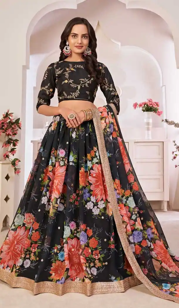 Black Color Georgette Designer Party Wear Plus Size Lehenga Choli - 2722141455