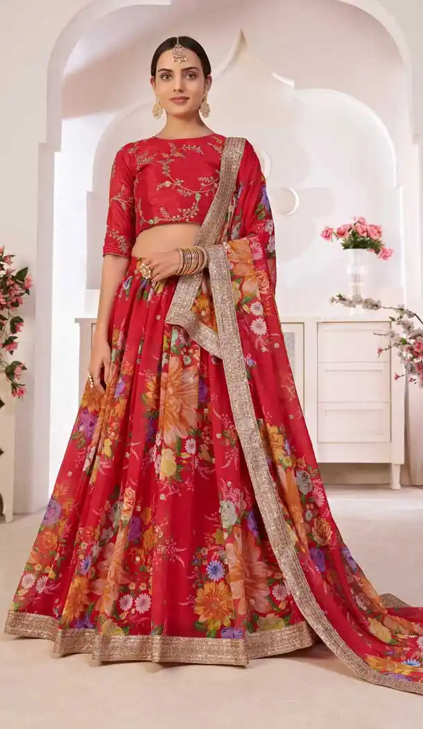 Red Color Georgette Designer Party Wear Plus Size Lehenga Choli - 2722141456