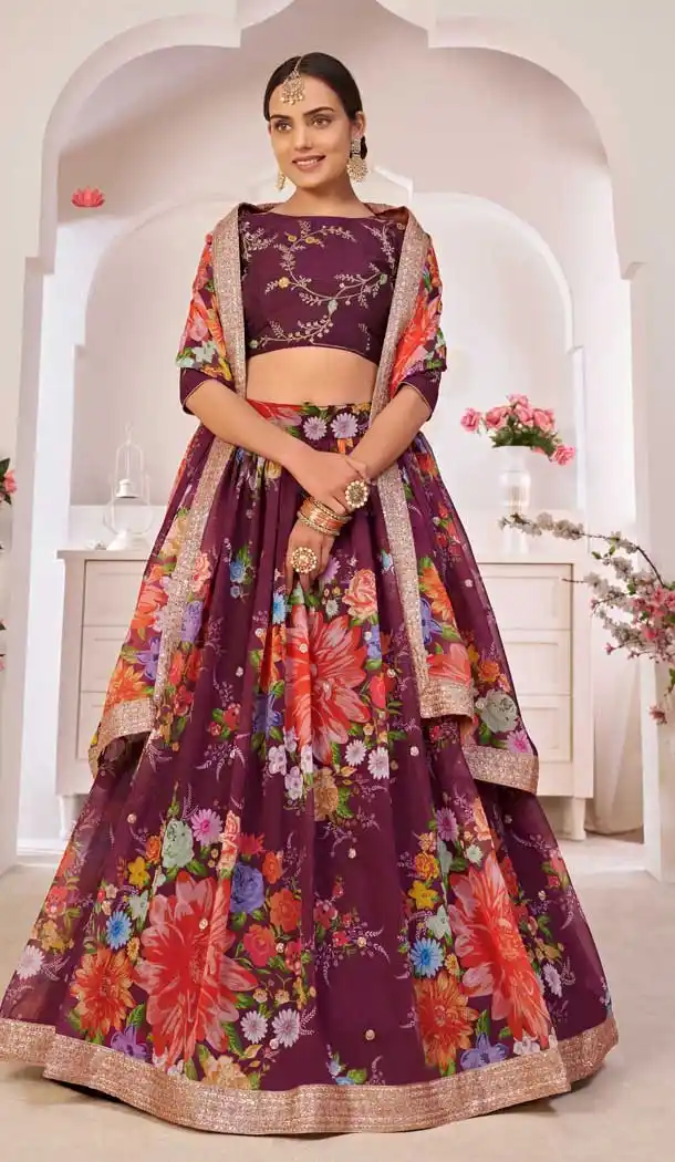 Wine Color Georgette Designer Party Wear Plus Size Lehenga Choli - 2722141457