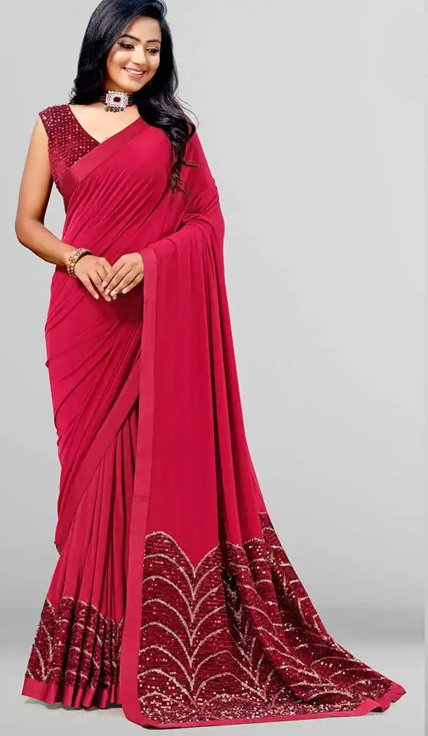 Dark Red Color Imported Lycra Casual Party Wear Saree - 2742141629