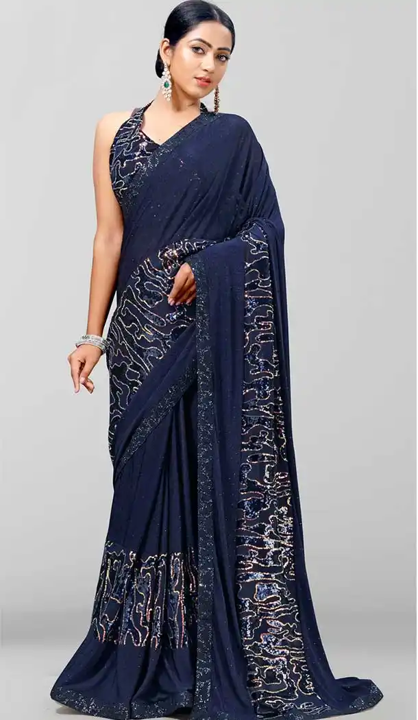 Dark Blue Color Imported Lycra Casual Party Wear Saree - 2742141631