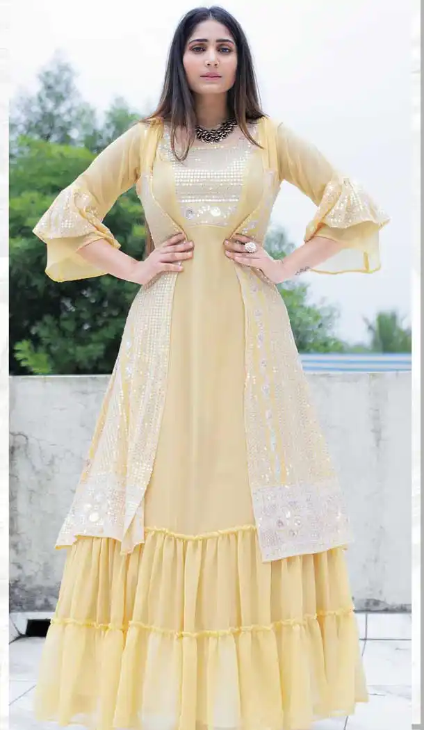 Light Yellow Color Georgette Designer Party Wear Plus Size Readymade Gown - 2756141768
