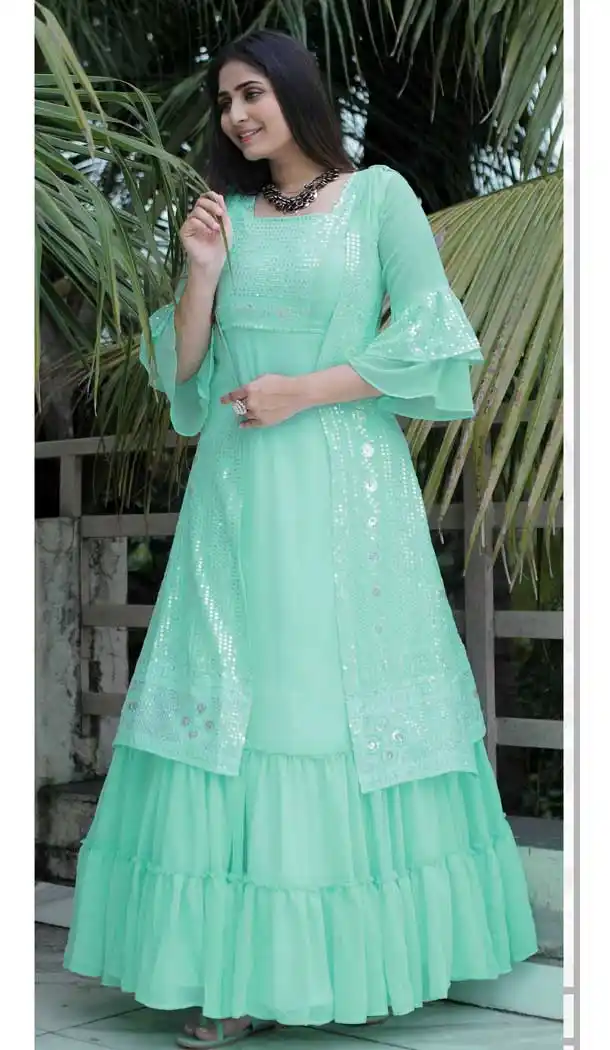 Cyan Green Color Georgette Designer Party Wear Plus Size Readymade Gown - 2756141770
