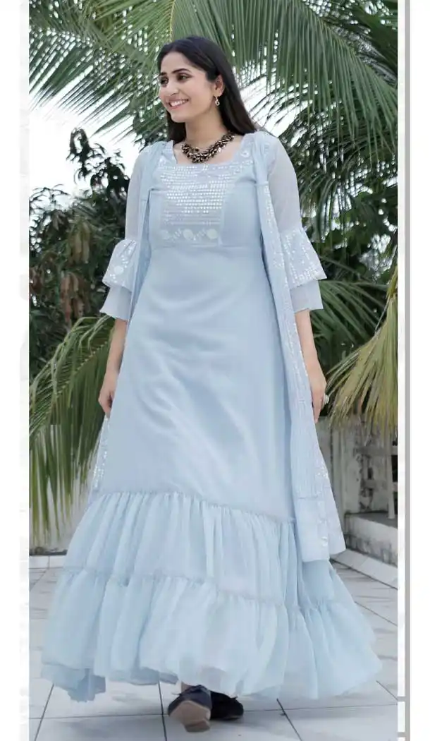 Gray Color Georgette Designer Party Wear Plus Size Readymade Gown - 2756141771