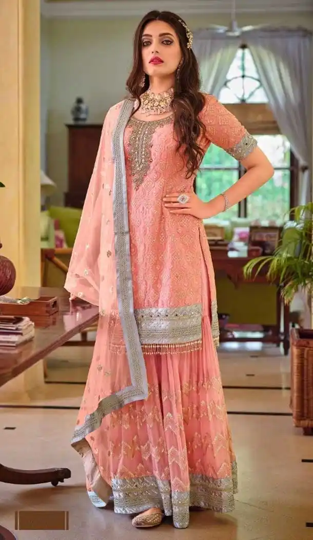 Rose Pink Color Fox Georgette Designer Pakistani Style Plus Size Sharara Suit - 2789142097