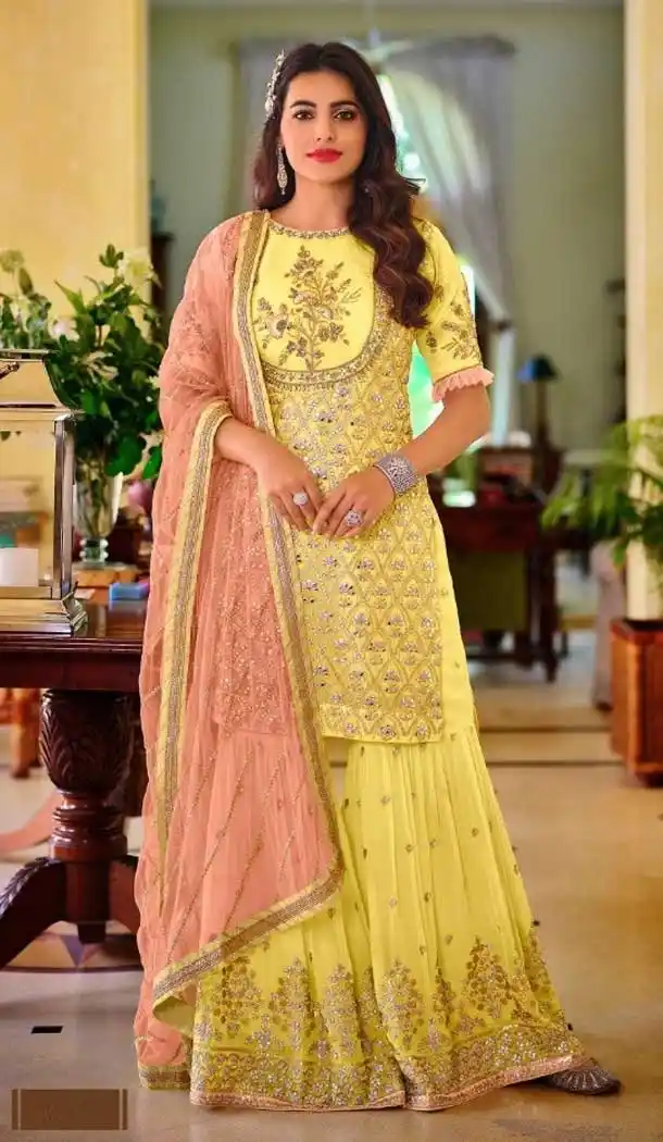 Yellow Color Fox Georgette Designer Pakistani Style Plus Size Sharara Suit - 2789142098