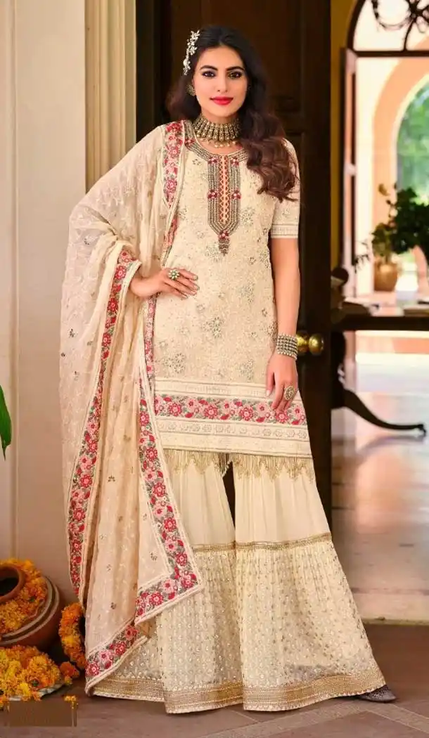 Creme Color Fox Georgette Designer Pakistani Style Plus Size Sharara Suit - 2789142099