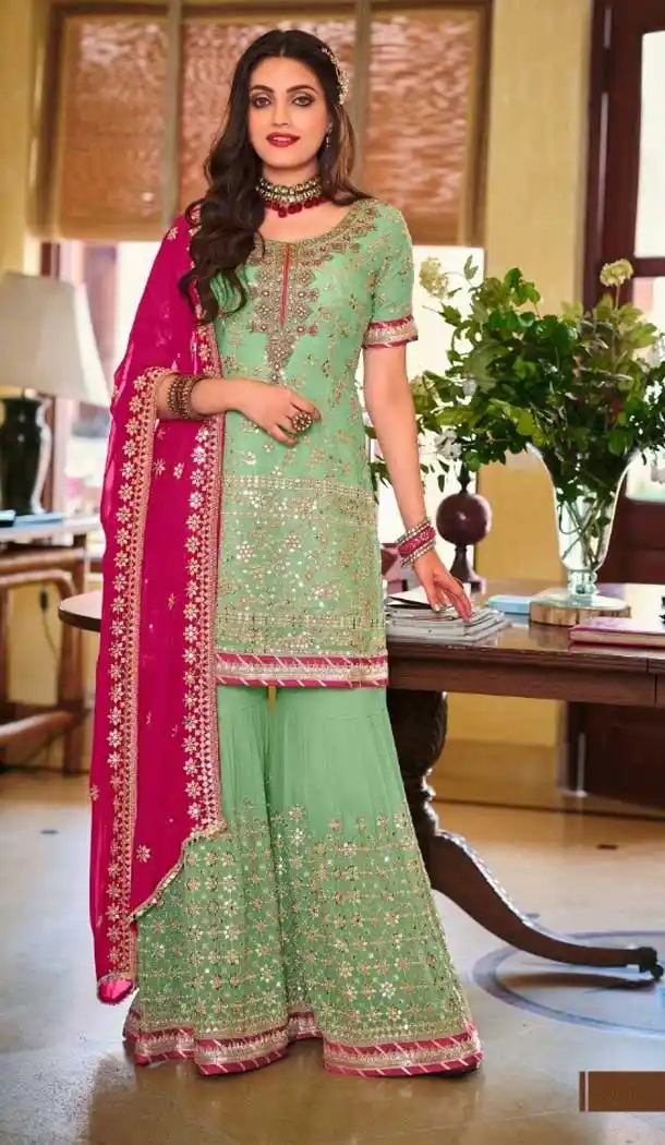 Sage Green Color Fox Georgette Designer Pakistani Style Plus Size Sharara Suit - 27891420100