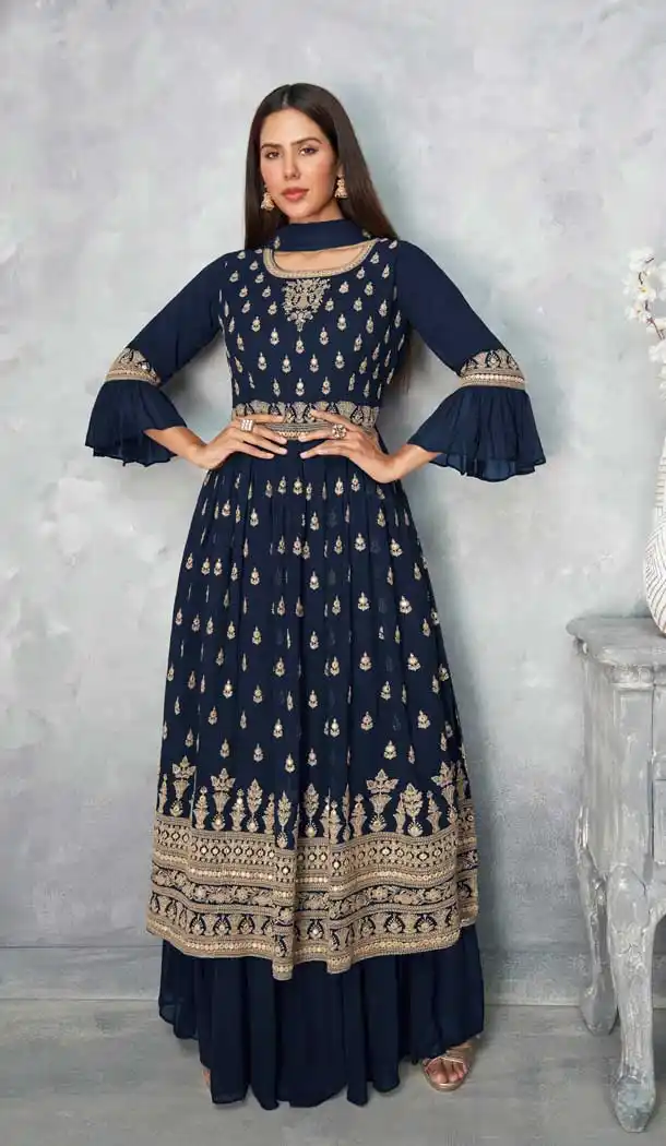 Navy Blue Color Real Georgette Designer Eid Festive Wear Sharara Suit- 2795142143