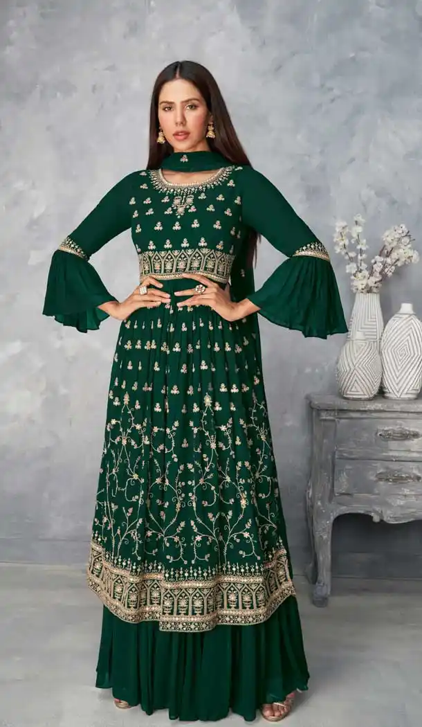 Green Color Real Georgette Designer Eid Festive Wear Sharara Suit- 2795142144
