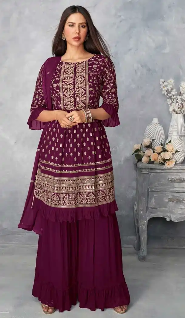 Magenta Color Real Georgette Designer Eid Festive Wear Sharara Suit- 2795142145