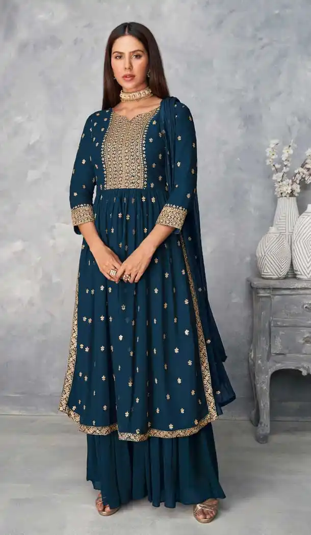 Teal Color Real Georgette Designer Eid Festive Wear Sharara Suit- 2795142146
