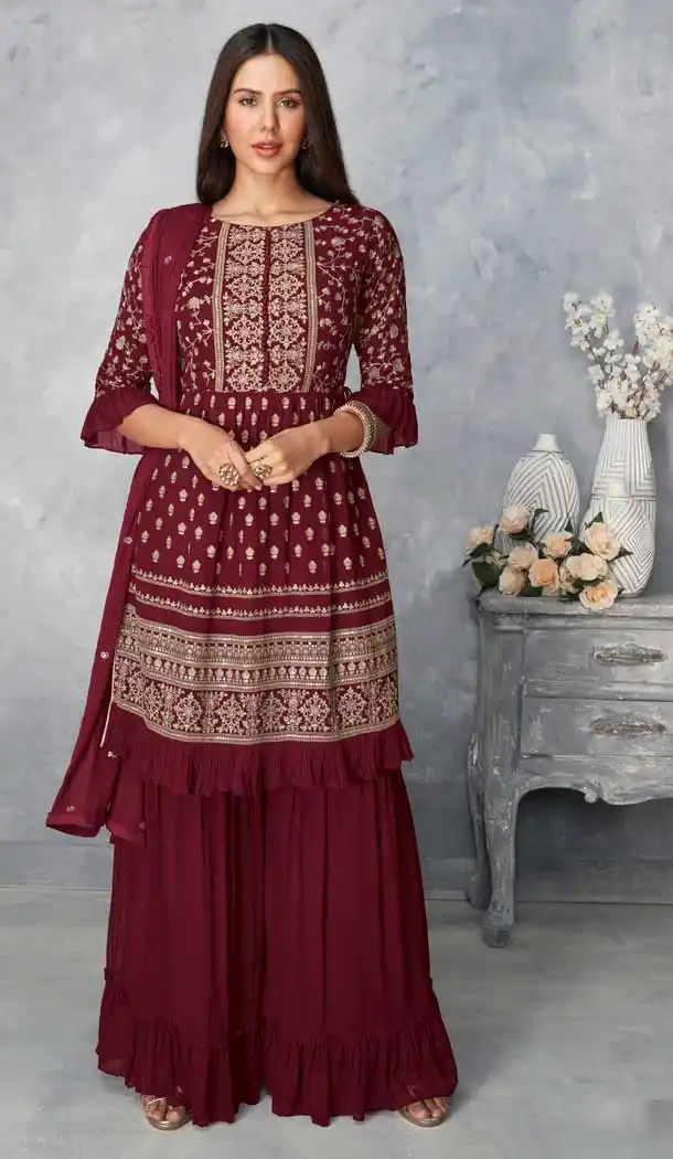 Maroon Color Real Georgette Designer Eid Festive Wear Sharara Suit- 2795142147