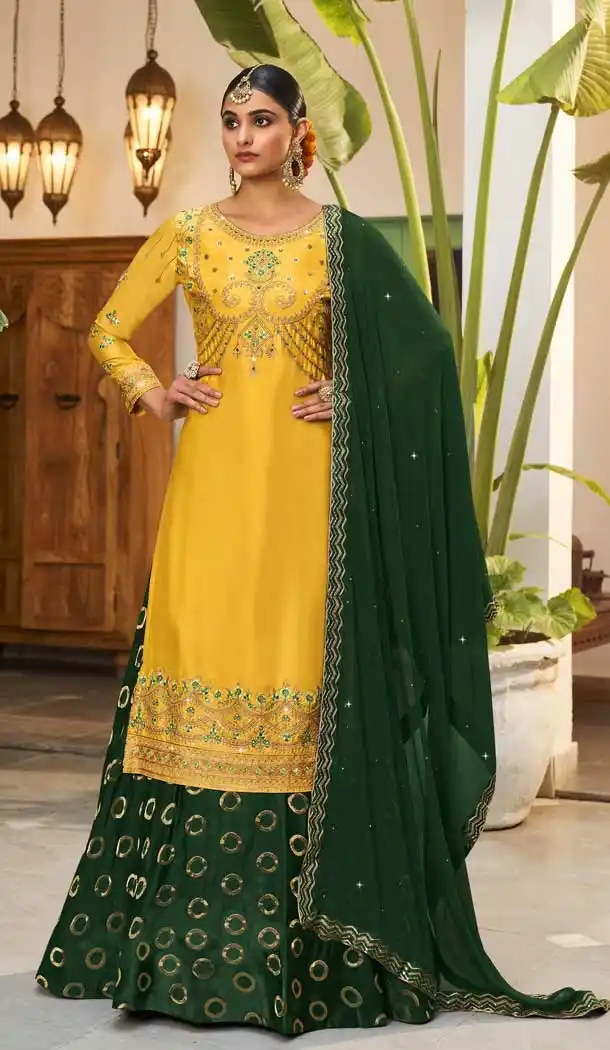 Yellow Color Georgette Satin Designer Party Wear Lehenga Salwar Suit- 2801142174