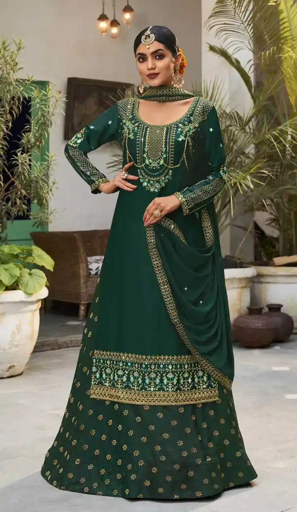 Green Color Georgette Satin Designer Party Wear Lehenga Salwar Suit- 2801142175